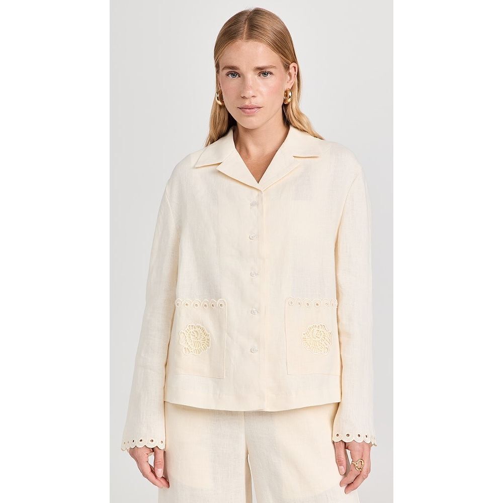 Sleeper Sophia Linen Embroidered Blouse in Cream Size Large‎